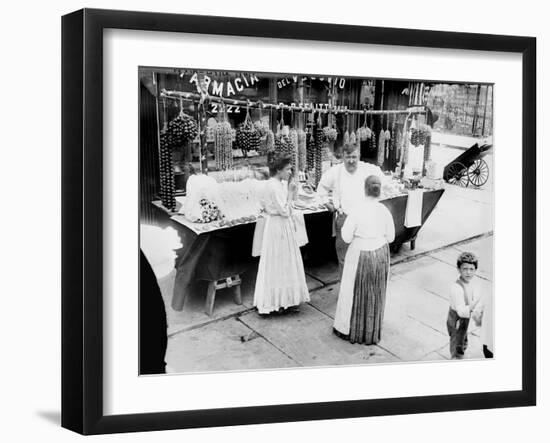 New York City, Vendor with Wares Displayed, Little Italy, 1900s-null-Framed Art Print