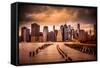 New York City View of Lower Manhattan Financial District under Dramatic Sky from across East River-Littleny-Framed Stretched Canvas
