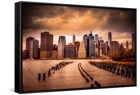 New York City View of Lower Manhattan Financial District under Dramatic Sky from across East River-Littleny-Framed Stretched Canvas