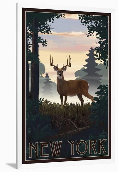 New York - Deer and Sunrise-Lantern Press-Framed Art Print