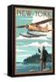 New York - Float Plane and Fisherman-Lantern Press-Framed Stretched Canvas