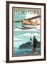 New York - Float Plane and Fisherman-Lantern Press-Framed Art Print