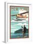 New York - Float Plane and Fisherman-Lantern Press-Framed Art Print