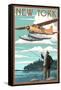 New York - Float Plane and Fisherman-Lantern Press-Framed Stretched Canvas