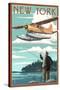 New York - Float Plane and Fisherman-Lantern Press-Stretched Canvas