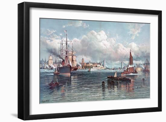 New York Harbor and the Brooklyn Bridge-Andrew W. Melrose-Framed Giclee Print