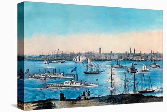 New York Harbor View-Currier & Ives-Stretched Canvas