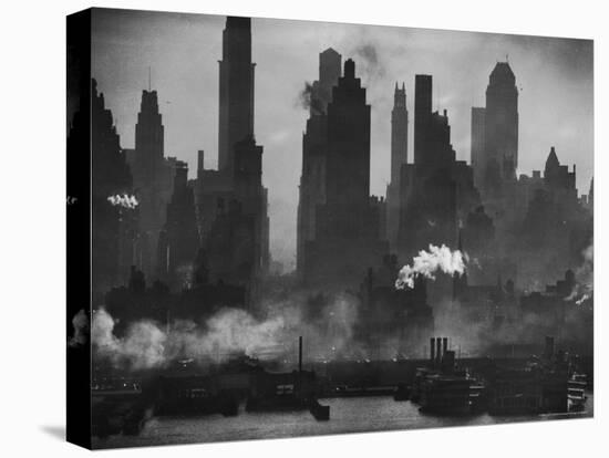 New York Harbor with Its Majestic Silhouette of Skyscrapers Looking Straight Down Bustling 42nd St.-Andreas Feininger-Stretched Canvas