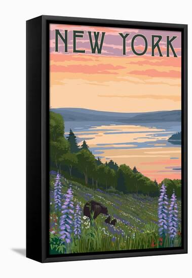 New York - Lake and Bear Family-Lantern Press-Framed Stretched Canvas