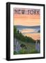New York - Lake and Bear Family-Lantern Press-Framed Art Print