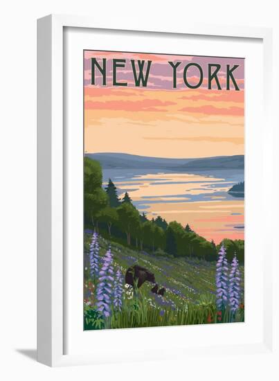 New York - Lake and Bear Family-Lantern Press-Framed Art Print