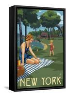 New York - Lake and Picnic Scene-Lantern Press-Framed Stretched Canvas