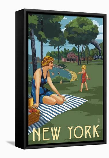 New York - Lake and Picnic Scene-Lantern Press-Framed Stretched Canvas
