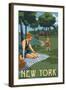 New York - Lake and Picnic Scene-Lantern Press-Framed Art Print