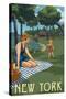 New York - Lake and Picnic Scene-Lantern Press-Stretched Canvas