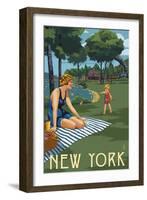 New York - Lake and Picnic Scene-Lantern Press-Framed Art Print