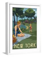 New York - Lake and Picnic Scene-Lantern Press-Framed Art Print