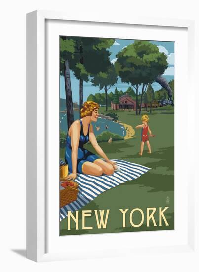 New York - Lake and Picnic Scene-Lantern Press-Framed Art Print