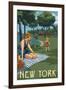 New York - Lake and Picnic Scene-Lantern Press-Framed Art Print