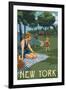 New York - Lake and Picnic Scene-Lantern Press-Framed Art Print