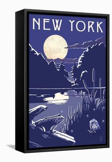 New York - Lake at Night-Lantern Press-Framed Stretched Canvas