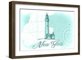 New York - Lighthouse - Teal - Coastal Icon-Lantern Press-Framed Art Print