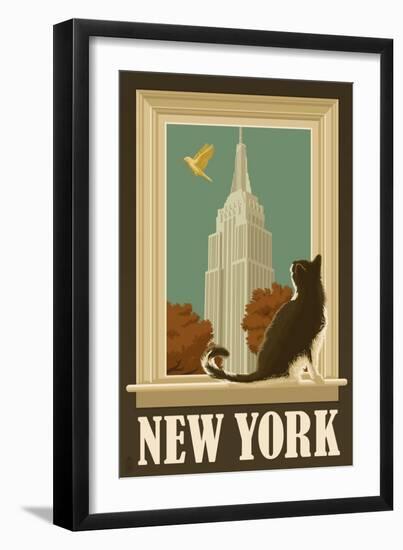 New York, New York - Empire State Buildin and Cat Window-Lantern Press-Framed Art Print