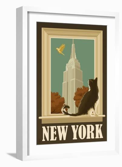 New York, New York - Empire State Buildin and Cat Window-Lantern Press-Framed Art Print