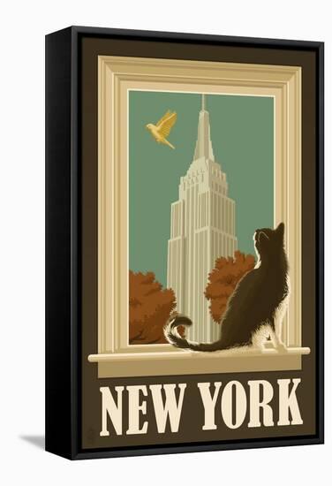 New York, New York - Empire State Buildin and Cat Window-Lantern Press-Framed Stretched Canvas