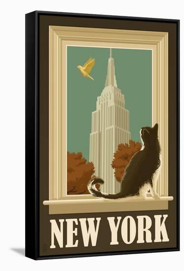 New York, New York - Empire State Buildin and Cat Window-Lantern Press-Framed Stretched Canvas