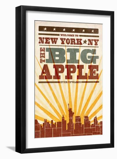 New York, New York - Skyline and Sunburst Screenprint Style-Lantern Press-Framed Art Print