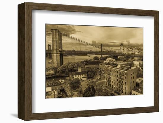 NEW YORK, NEW YORK, USA - Brooklyn Bridge and East River taken from elevated view - sepia tone-Panoramic Images-Framed Photographic Print