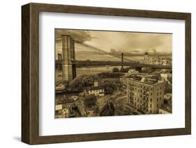 NEW YORK, NEW YORK, USA - Brooklyn Bridge and East River taken from elevated view - sepia tone-Panoramic Images-Framed Photographic Print