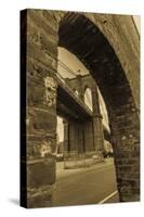 NEW YORK, NEW YORK, USA - Looking up at Manhattan Bridge - Sepia treatment-Panoramic Images-Stretched Canvas