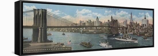New York, NY - Brooklyn Bridge and New York Skyline-Lantern Press-Framed Stretched Canvas