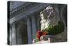 New York Public Library Lion Decorated with a Christmas Wreath during the Holidays.-Jon Hicks-Stretched Canvas