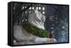 New York Public Library Lion Decorated with a Christmas Wreath during the Holidays.-Jon Hicks-Framed Stretched Canvas