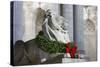 New York Public Library Lion Decorated with a Christmas Wreath during the Holidays.-Jon Hicks-Stretched Canvas