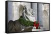 New York Public Library Lion Decorated with a Christmas Wreath during the Holidays.-Jon Hicks-Framed Stretched Canvas