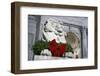 New York Public Library Lion Decorated with a Christmas Wreath during the Holidays.-Jon Hicks-Framed Photographic Print