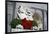 New York Public Library Lion Decorated with a Christmas Wreath during the Holidays.-Jon Hicks-Framed Photographic Print