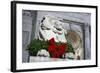 New York Public Library Lion Decorated with a Christmas Wreath during the Holidays.-Jon Hicks-Framed Photographic Print