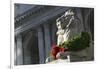 New York Public Library Lion Decorated with a Christmas Wreath during the Holidays.-Jon Hicks-Framed Photographic Print