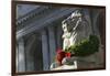 New York Public Library Lion Decorated with a Christmas Wreath during the Holidays.-Jon Hicks-Framed Photographic Print