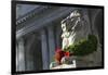 New York Public Library Lion Decorated with a Christmas Wreath during the Holidays.-Jon Hicks-Framed Photographic Print