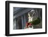 New York Public Library Lion Decorated with a Christmas Wreath during the Holidays.-Jon Hicks-Framed Photographic Print