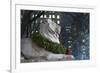 New York Public Library Lion Decorated with a Christmas Wreath during the Holidays.-Jon Hicks-Framed Photographic Print