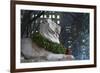 New York Public Library Lion Decorated with a Christmas Wreath during the Holidays.-Jon Hicks-Framed Photographic Print