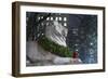 New York Public Library Lion Decorated with a Christmas Wreath during the Holidays.-Jon Hicks-Framed Photographic Print