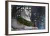 New York Public Library Lion Decorated with a Christmas Wreath during the Holidays.-Jon Hicks-Framed Photographic Print